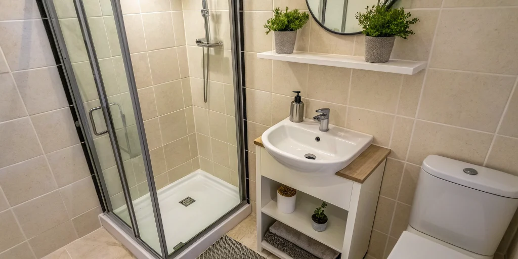 A clever small bathroom layout idea with a corner shower and compact vanity to save space.