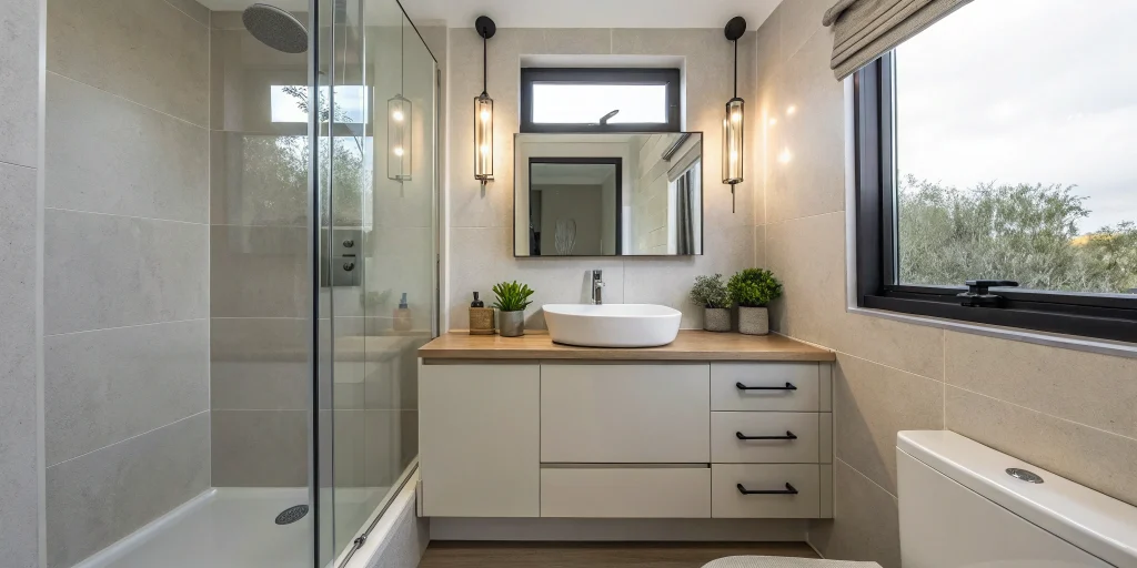 Modern small bathroom remodel with a floating vanity, large mirror, and glass shower to maximize space.