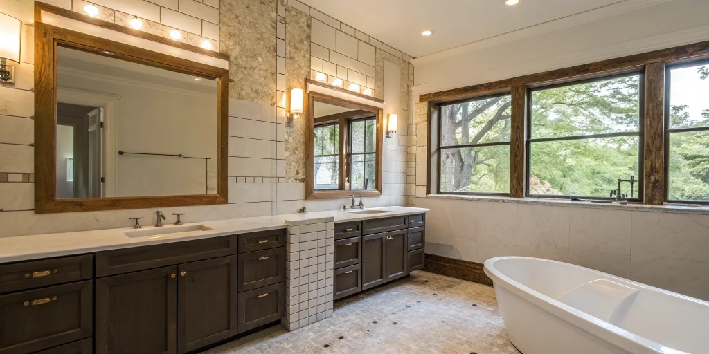 Finished bathroom remodel with a double vanity and tub, the result of the correct order of installation.