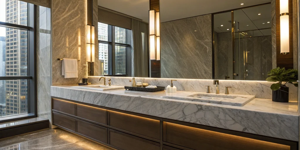 A modern double sink bathroom vanity after a successful installation.
