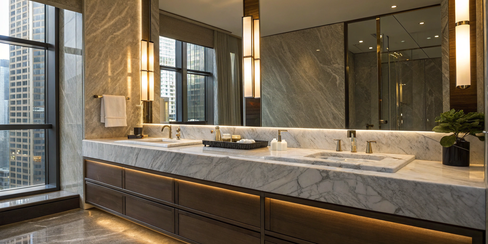 A modern double sink bathroom vanity after a successful installation.