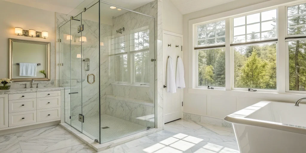 A tub to shower conversion by San Diego contractors resulting in a modern walk-in shower.