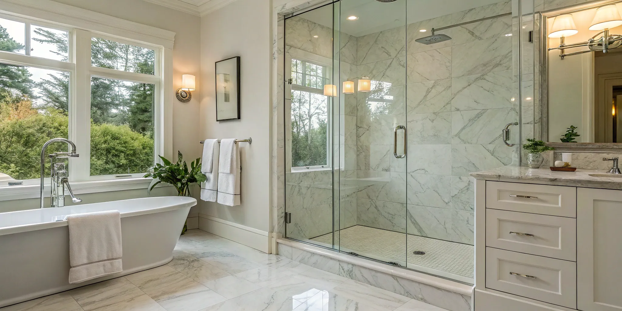 Custom glass shower doors in a modern bathroom with a freestanding tub.