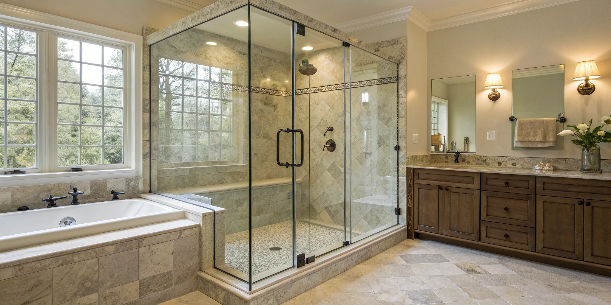 A spacious walk-in shower that has replaced a bathtub in a modern bathroom.
