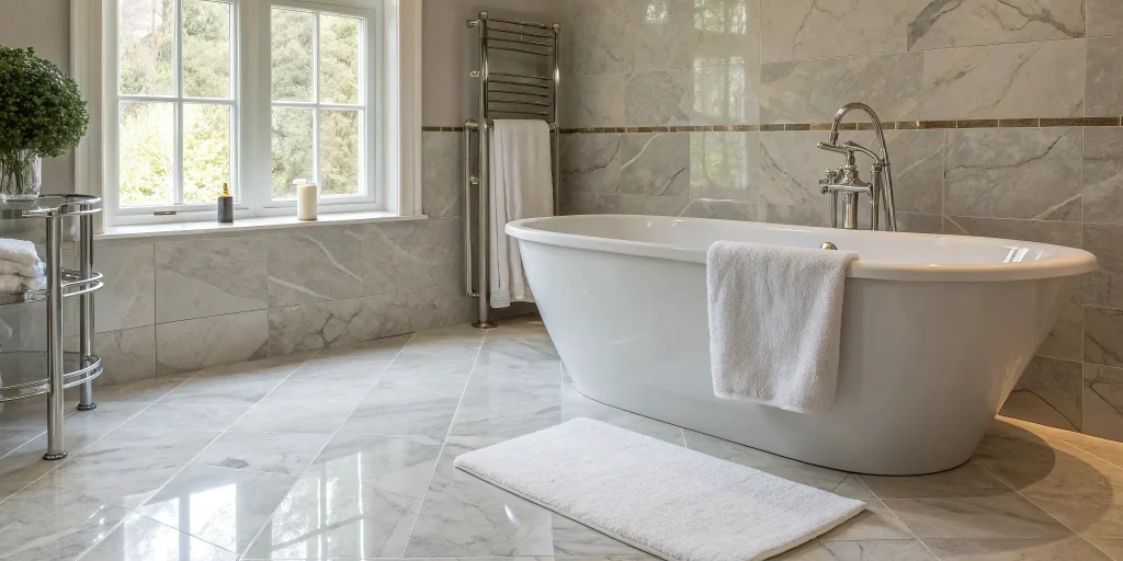 A modern bathroom tile renovation with marble, a key factor in the overall project cost.