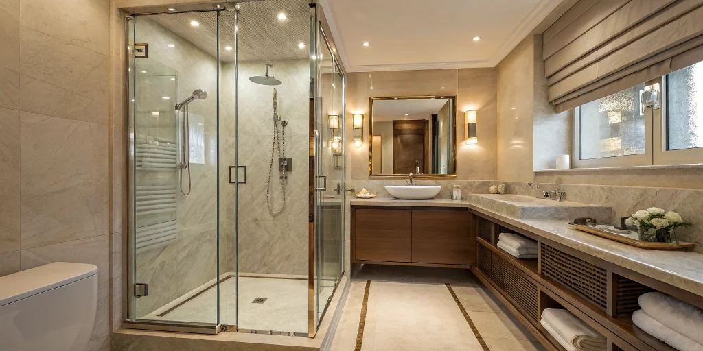 A custom walk in shower with a glass door, designed to maximize space in a small bathroom.