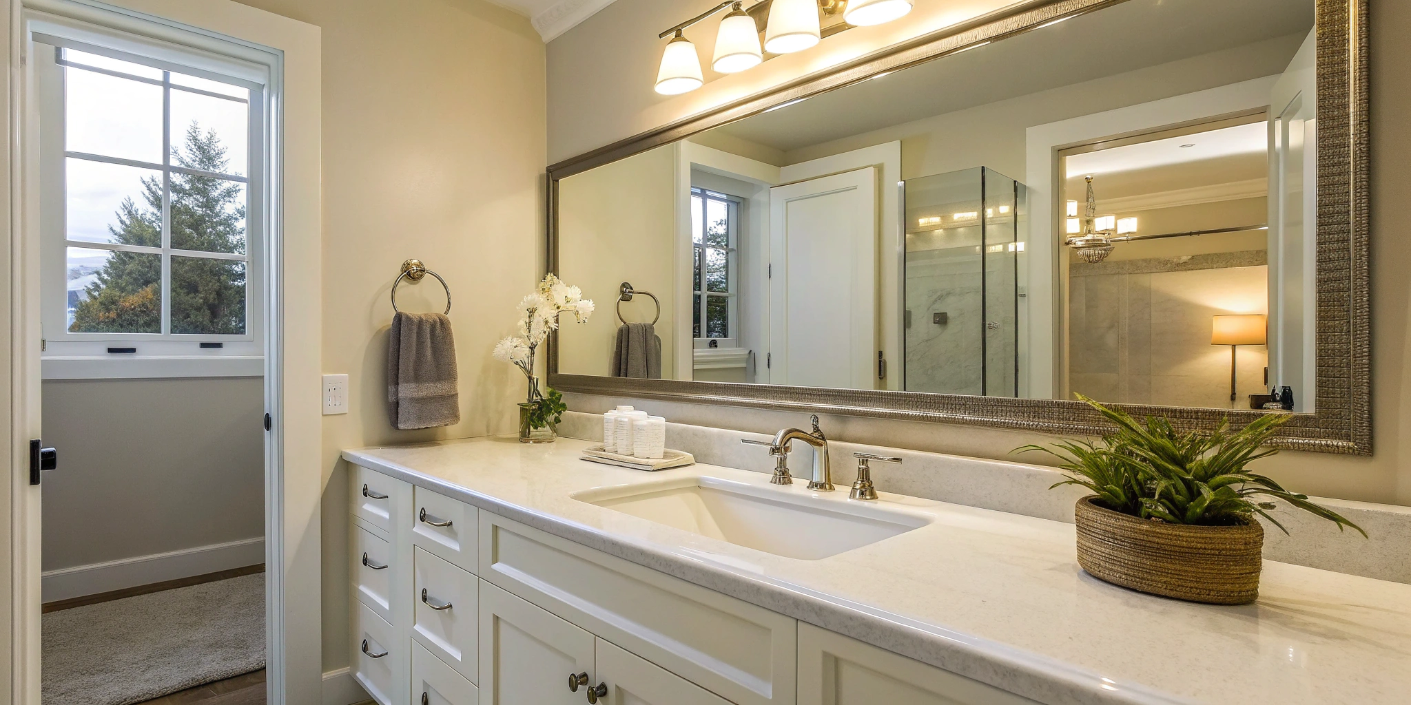 A modern bathroom with a newly replaced white vanity and sink.