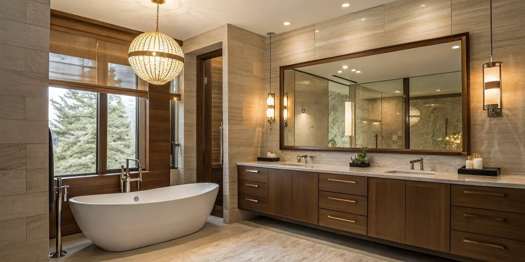 The price of a small bathroom remodel with a modern freestanding tub and double vanity.