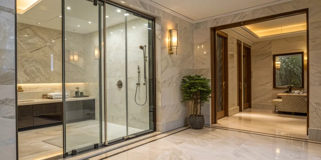A modern walk-in shower installed by one of the best tub to shower conversion companies.