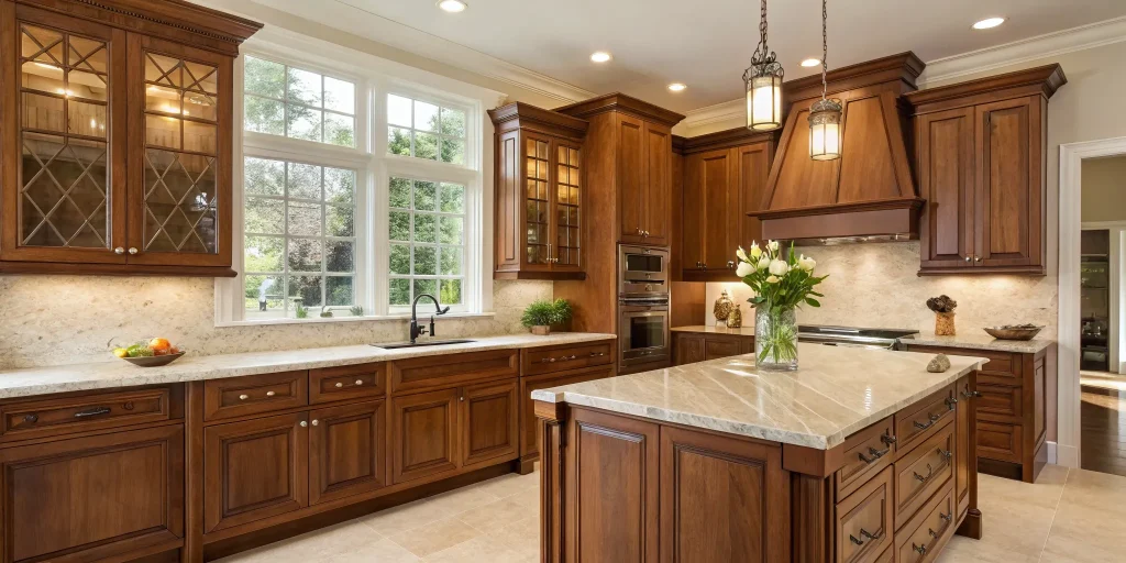 Custom wood cabinet installation in a modern kitchen with marble countertops.