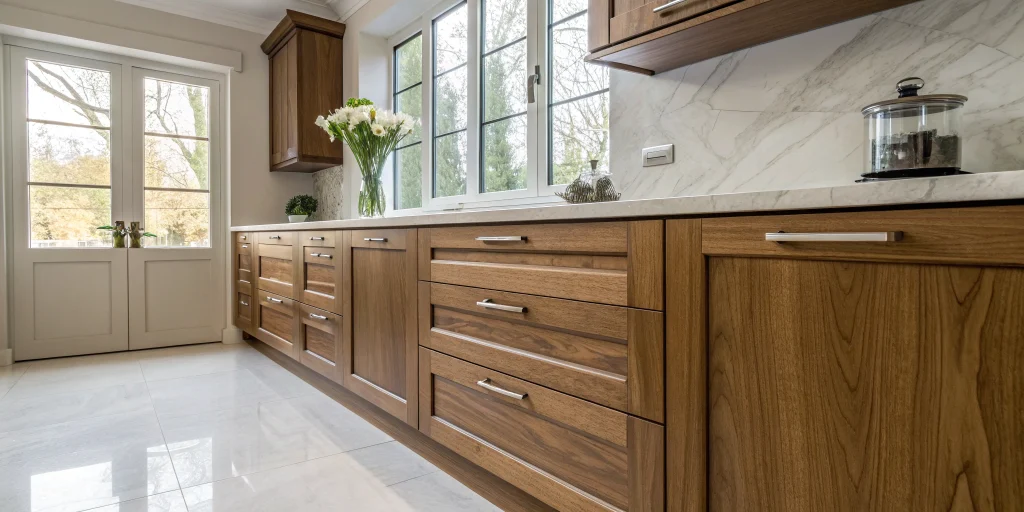 Custom wood kitchen cabinets with modern hardware after installation in a San Diego home.