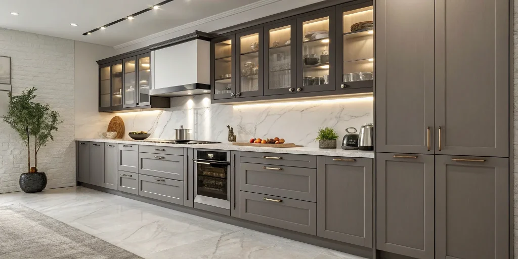 The cost to replace kitchen cabinets in a modern kitchen with new gray cabinets.