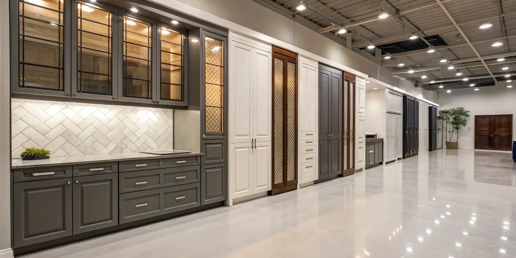 Custom kitchen cabinets with modern and classic styles in a San Diego showroom.