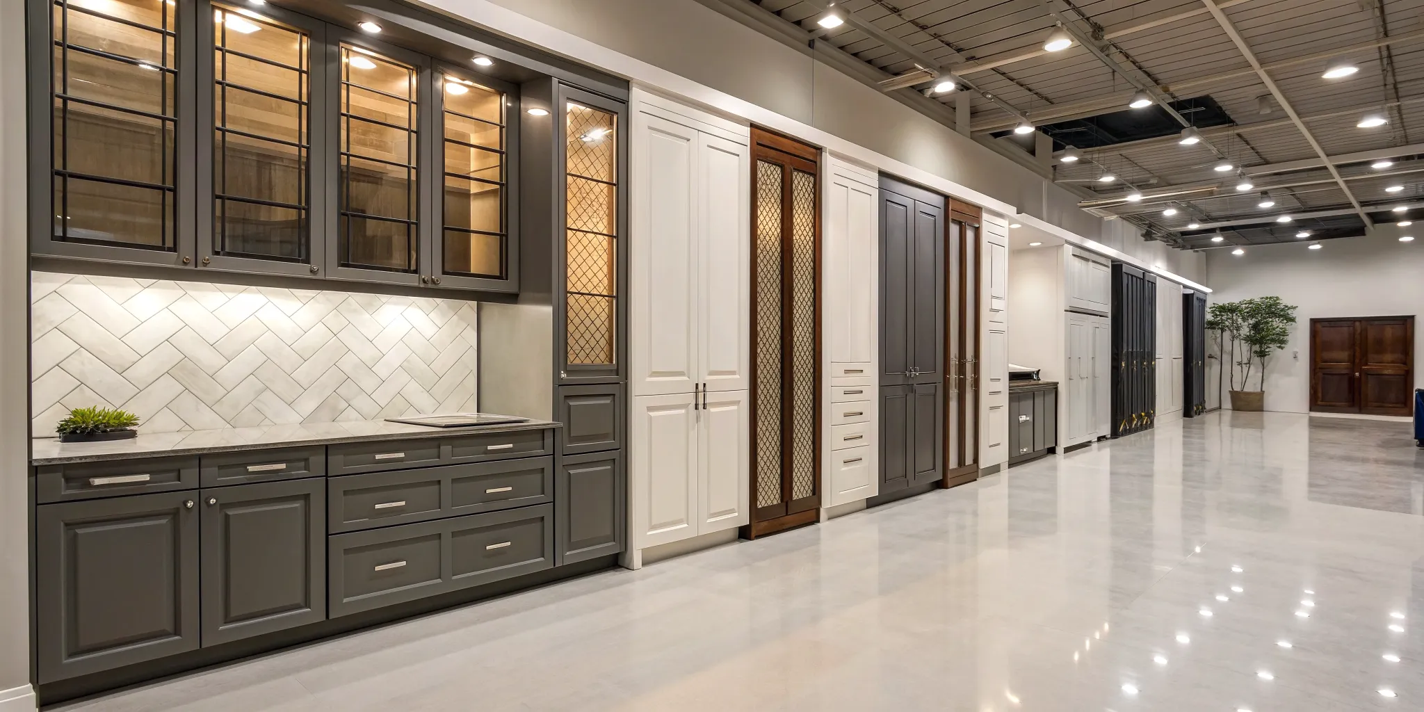 Custom kitchen cabinets with modern and classic styles in a San Diego showroom.