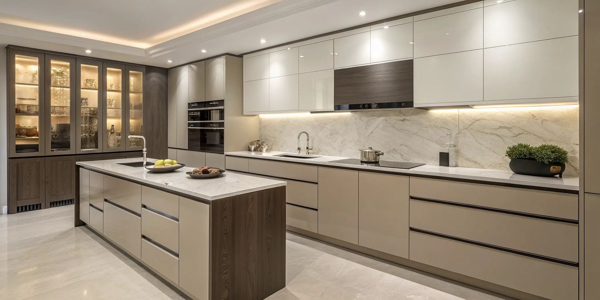 Modern kitchen with sleek cabinets and marble countertops in a coordinated design.
