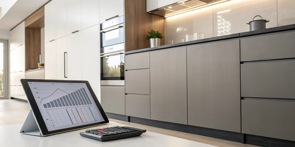 Using a kitchen cabinet installation cost calculator on a tablet in a modern kitchen.