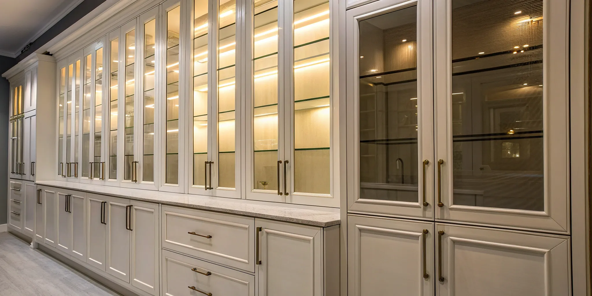 Kitchen cabinet doors with glass in a bright, stylish kitchen.