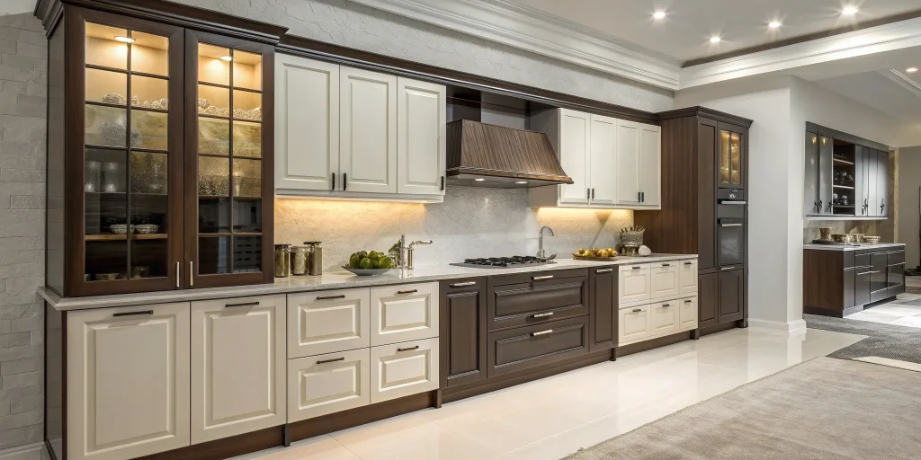 Modern kitchen with two-tone cabinets and sleek countertops after a kitchen cabinet replacement.