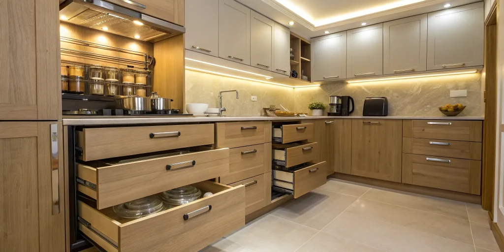 Small kitchen cabinet design in light wood and gray with smart storage solutions that maximize space.