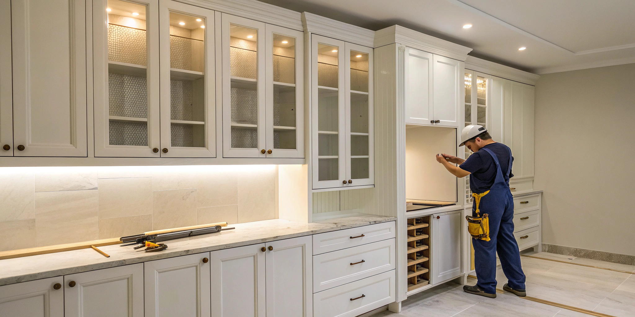 A contractor installing a kitchen cabinet, factoring into the labor cost per box.