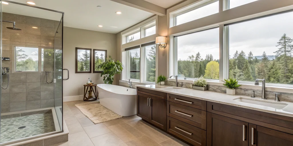 Modern residential bathroom with a freestanding tub and large windows by a design-build firm.