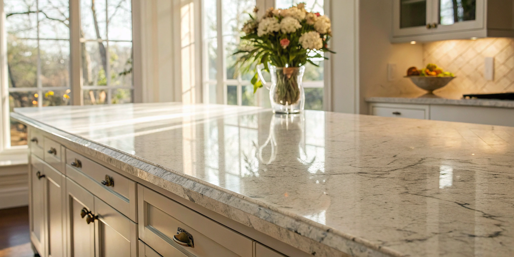 A close-up of a polished natural stone, one of the best materials for kitchen countertops.