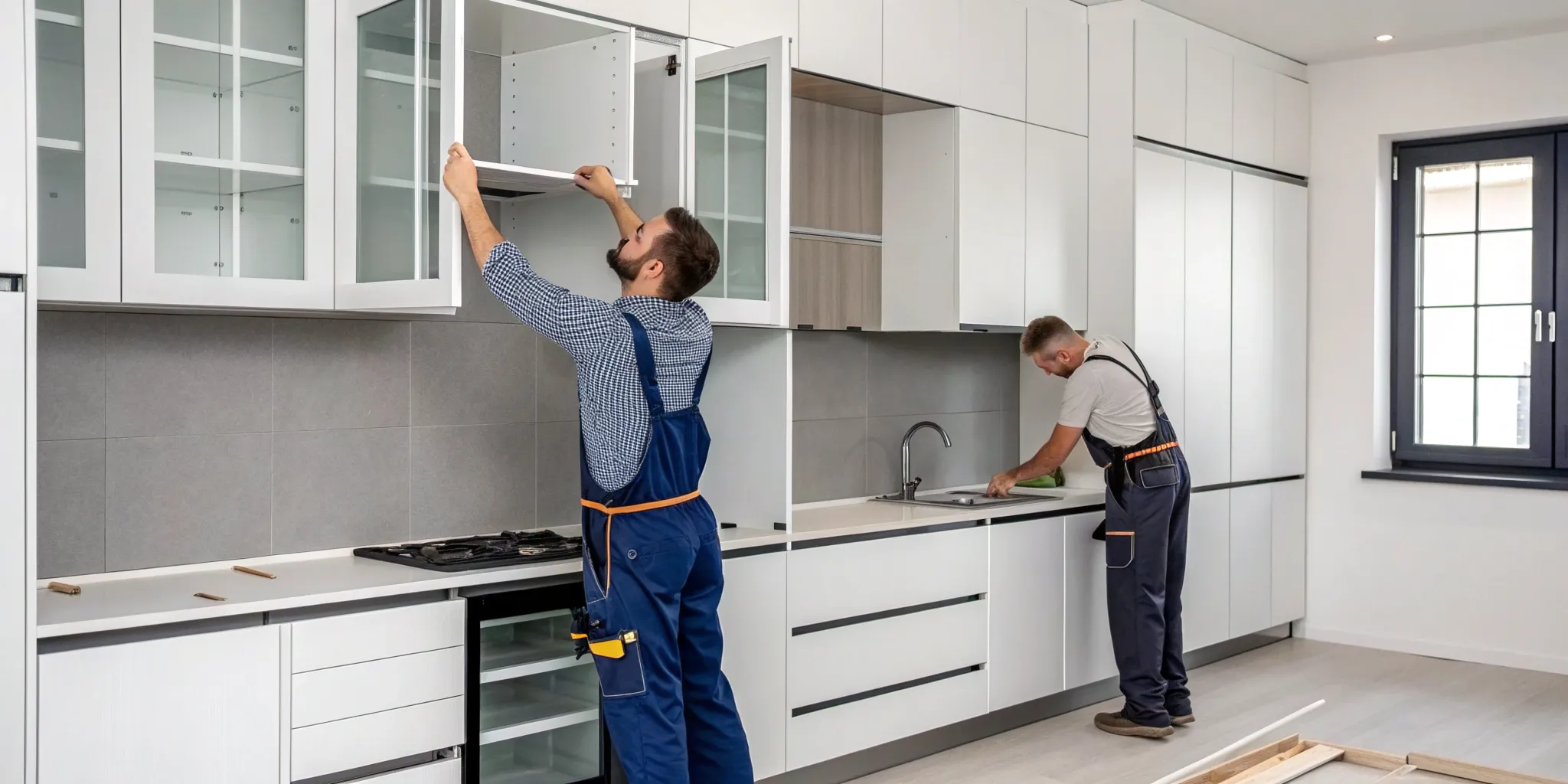 Contractors installing new cabinets for a full service kitchen cabinet replacement.