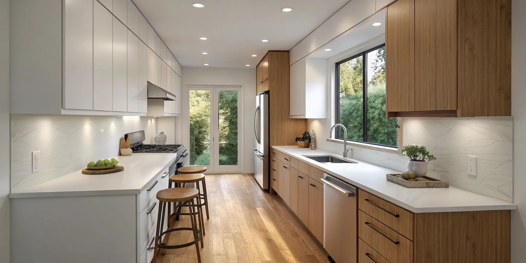 Small kitchen remodel maximizing space with a galley layout, light wood cabinets, and white countertops.