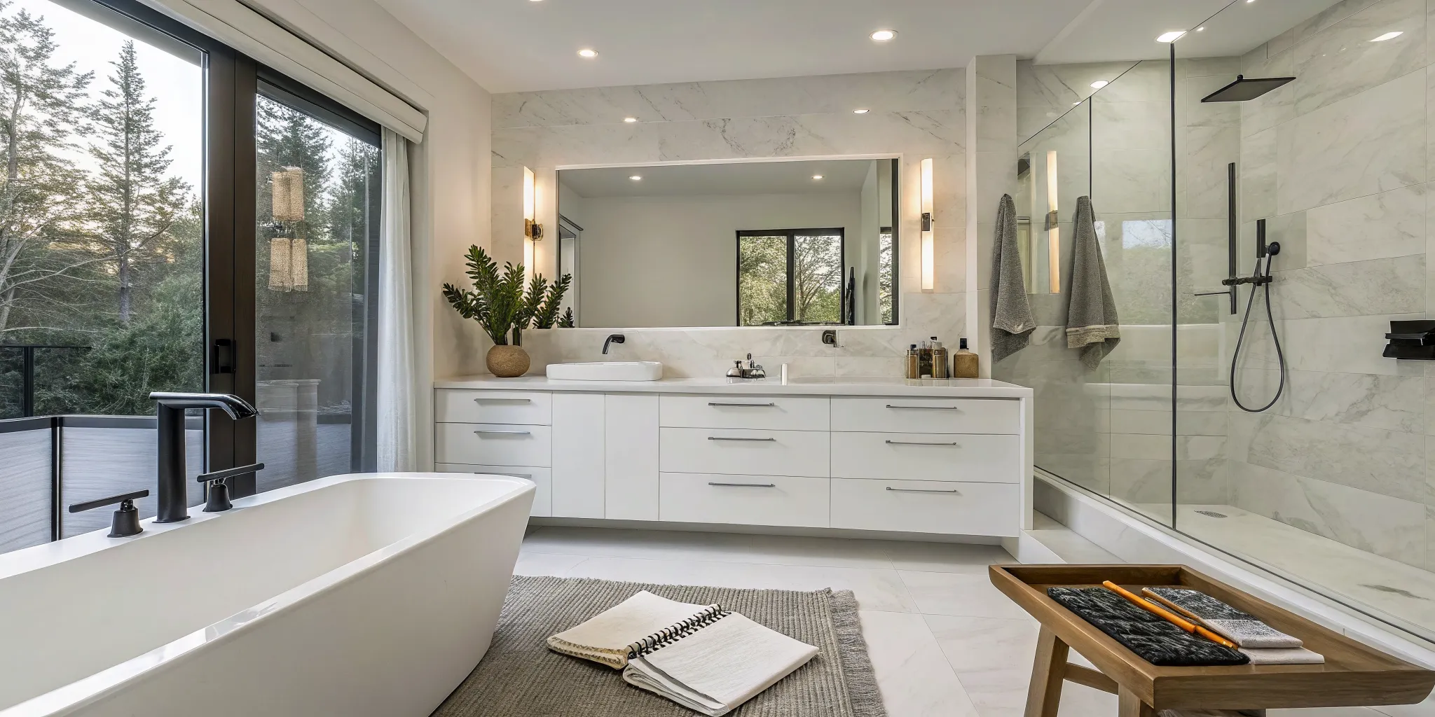 The cost to remodel a master bath with a freestanding tub, glass shower, and high-end finishes.