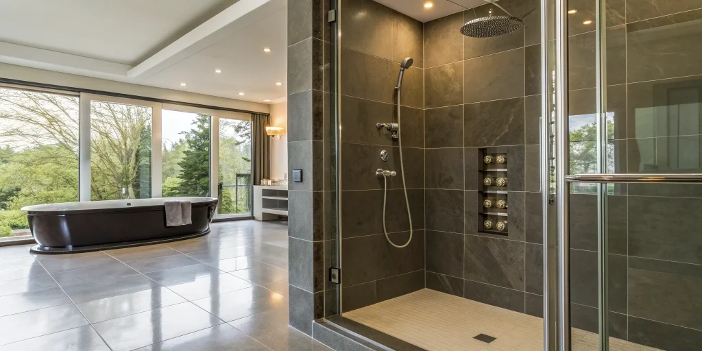 Custom tile shower with a glass door, a key factor in the final installation cost.