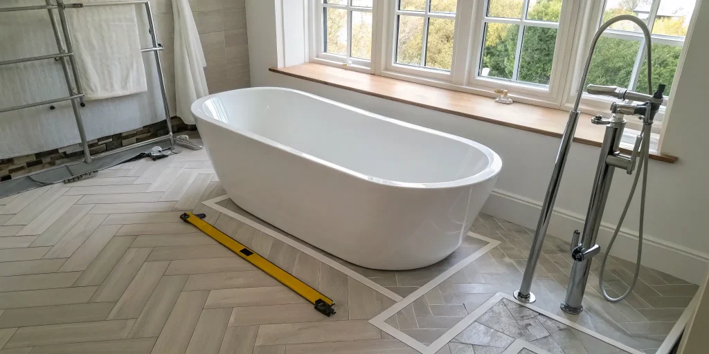 The dry-fit step of a freestanding tub installation, using a level for accuracy.