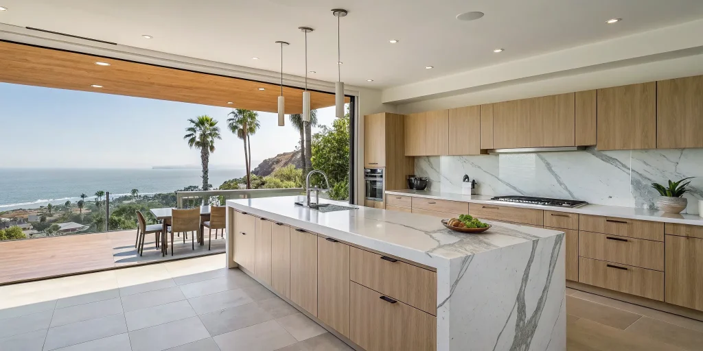 Kitchen renovation by San Diego contractors in a modern home with marble countertops and an ocean view.