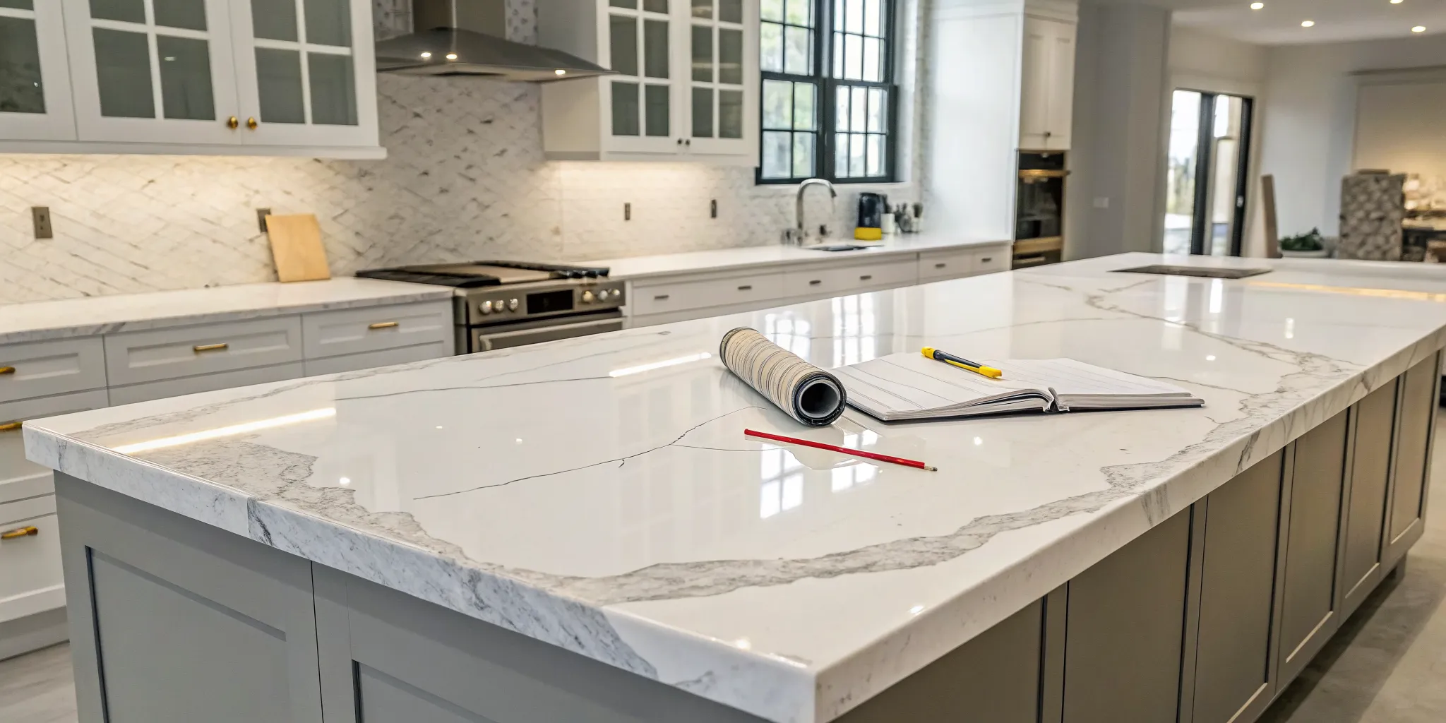 A quartz countertop professionally installed by contractors in a modern kitchen.