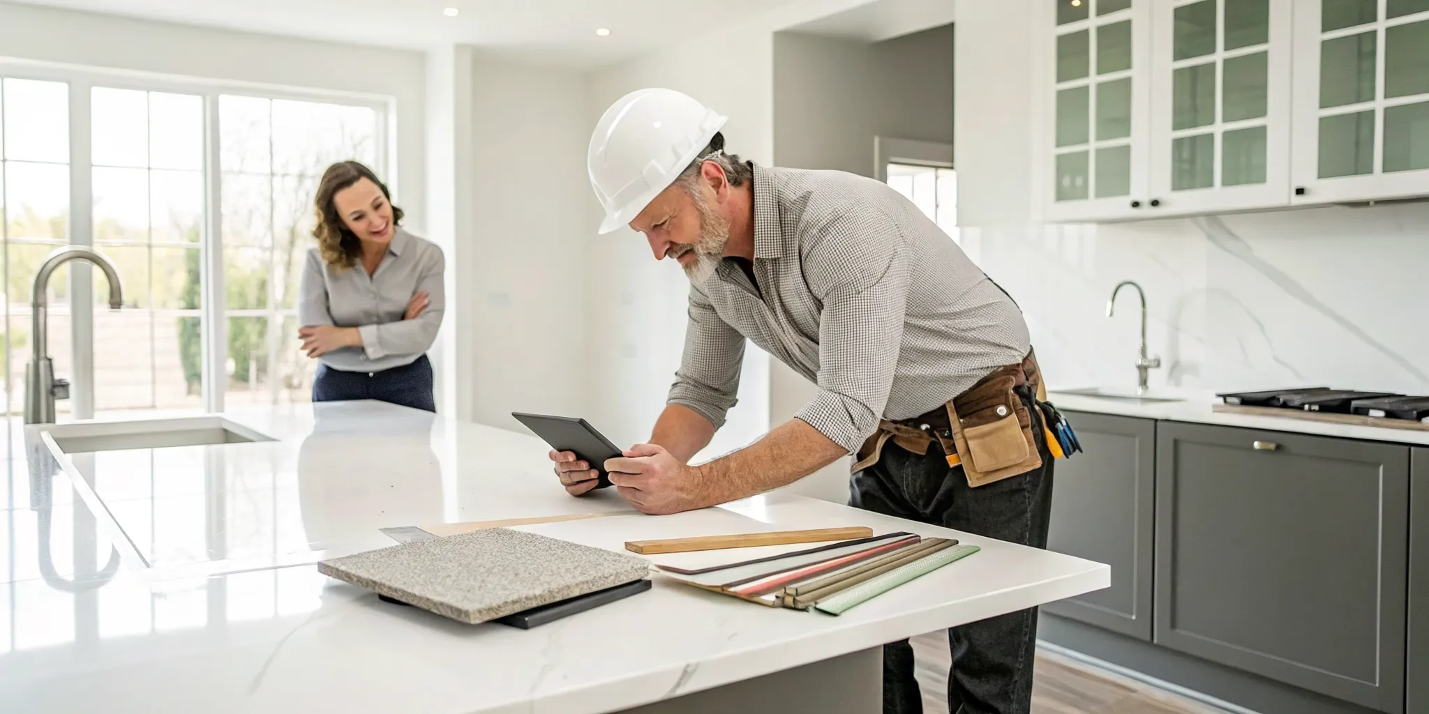 A home remodeling contractor discussing project plans with a homeowner.