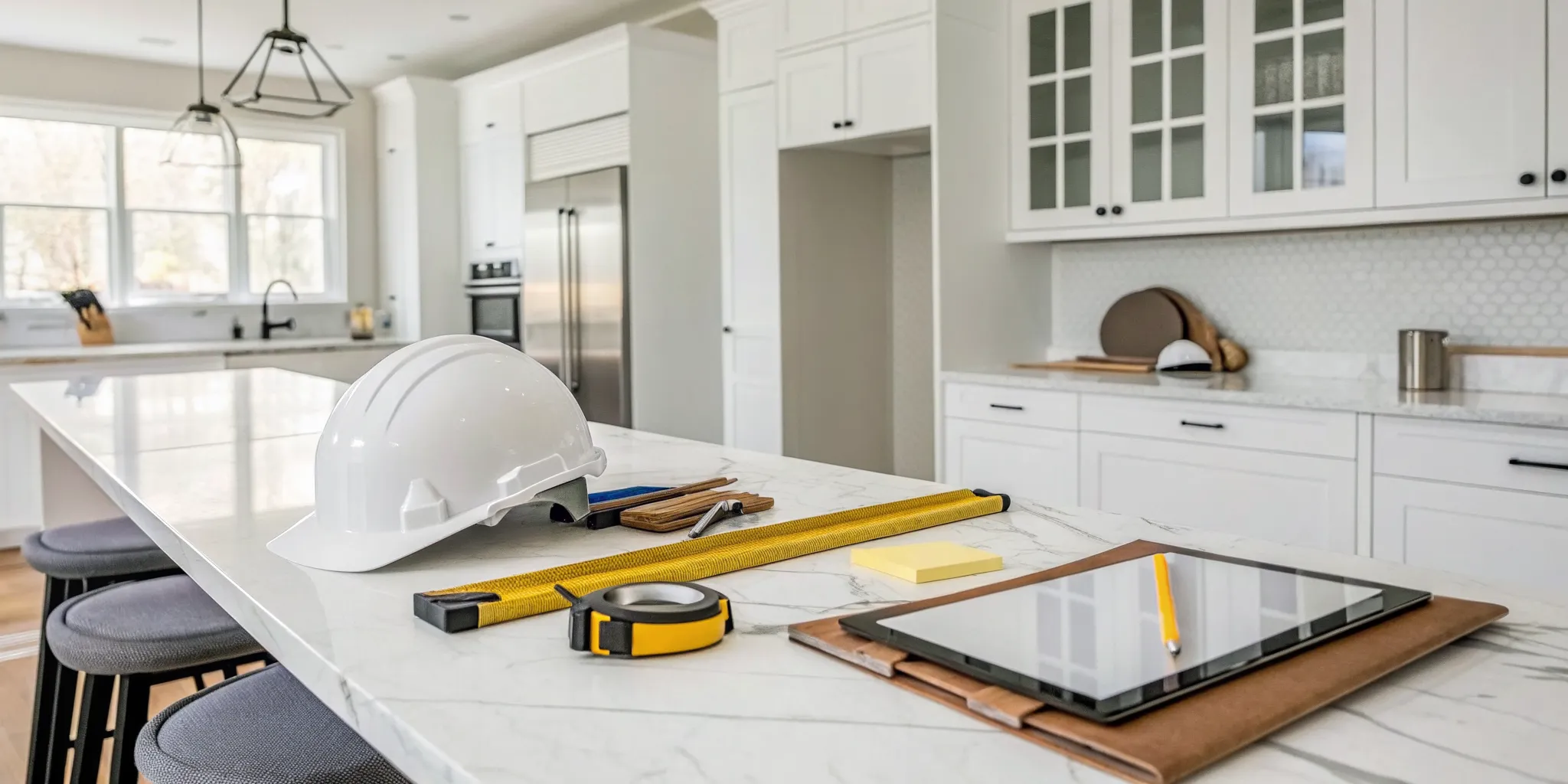 A kitchen renovation contractor's tools and tablet for planning on a modern kitchen island.