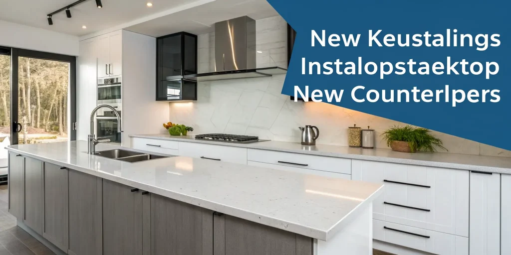 New quartz countertops installed on existing cabinets in a modern kitchen.