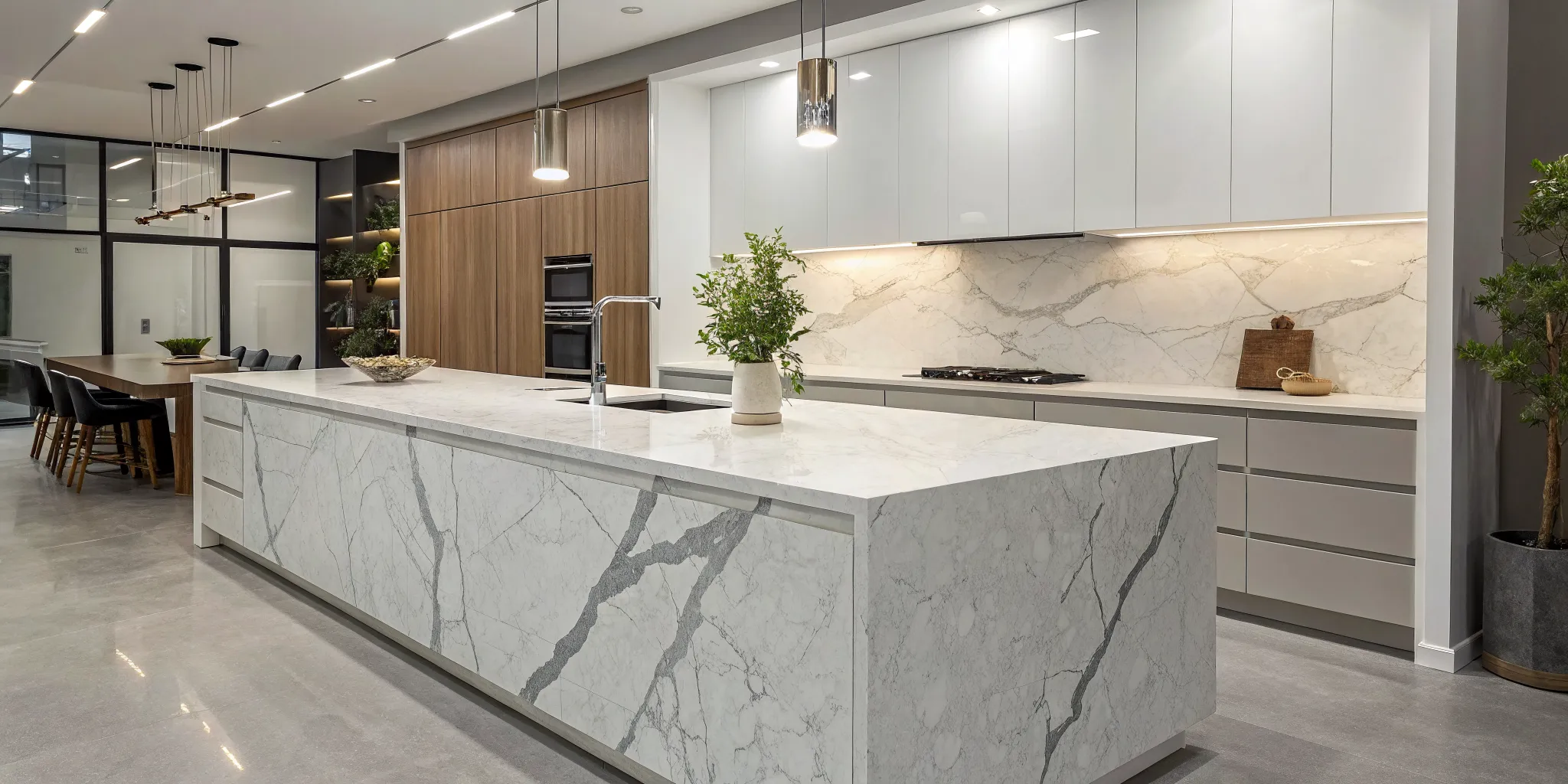 White quartz countertops with bold gray veining on a large waterfall island in a modern kitchen.