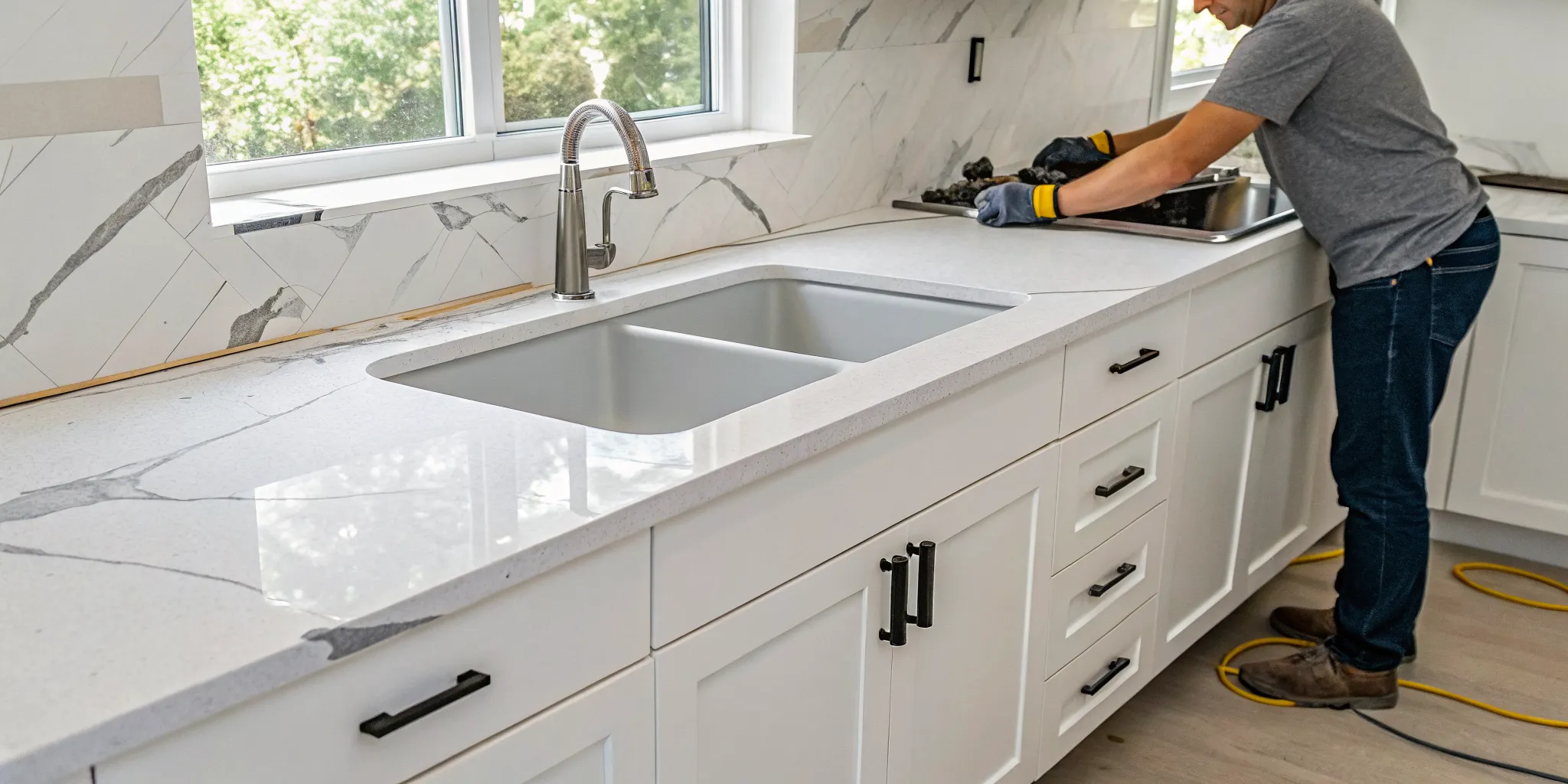 A professional replacing old kitchen countertops with new white quartz.
