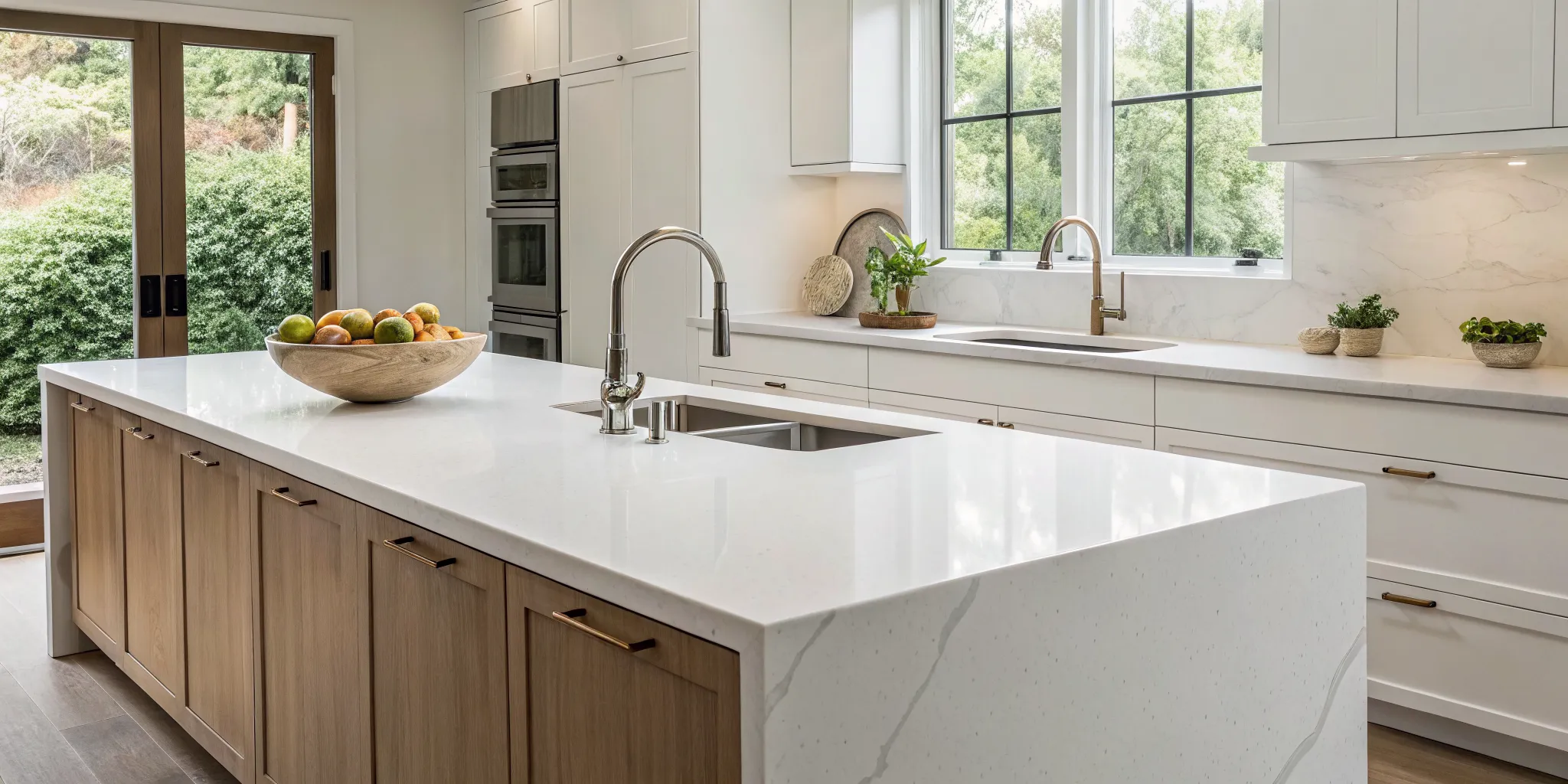 Seamless white solid surface countertops in a modern kitchen with wood cabinets and fixtures.