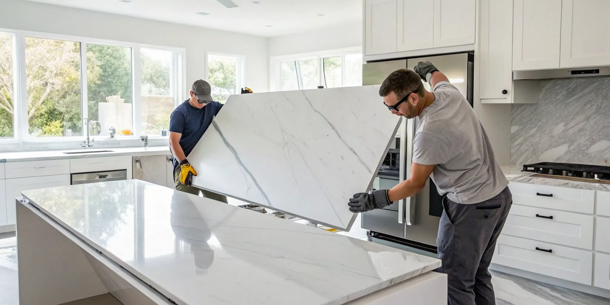 Professional quartz countertop installation in a modern kitchen.