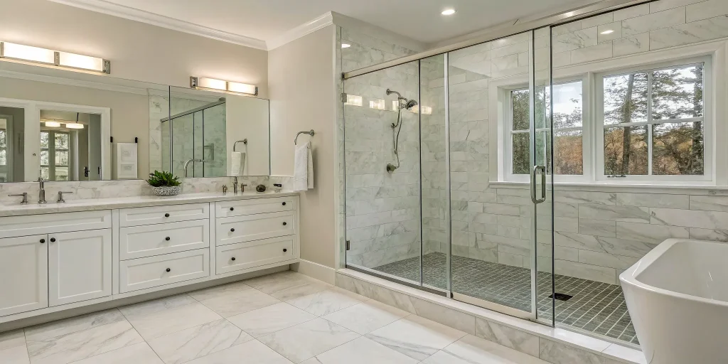Using a cost calculator to budget for a modern walk-in shower with glass doors.