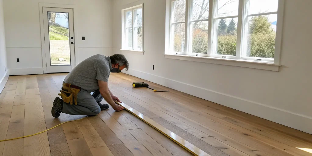 Man nailing down a plank during a DIY hardwood floor installation.