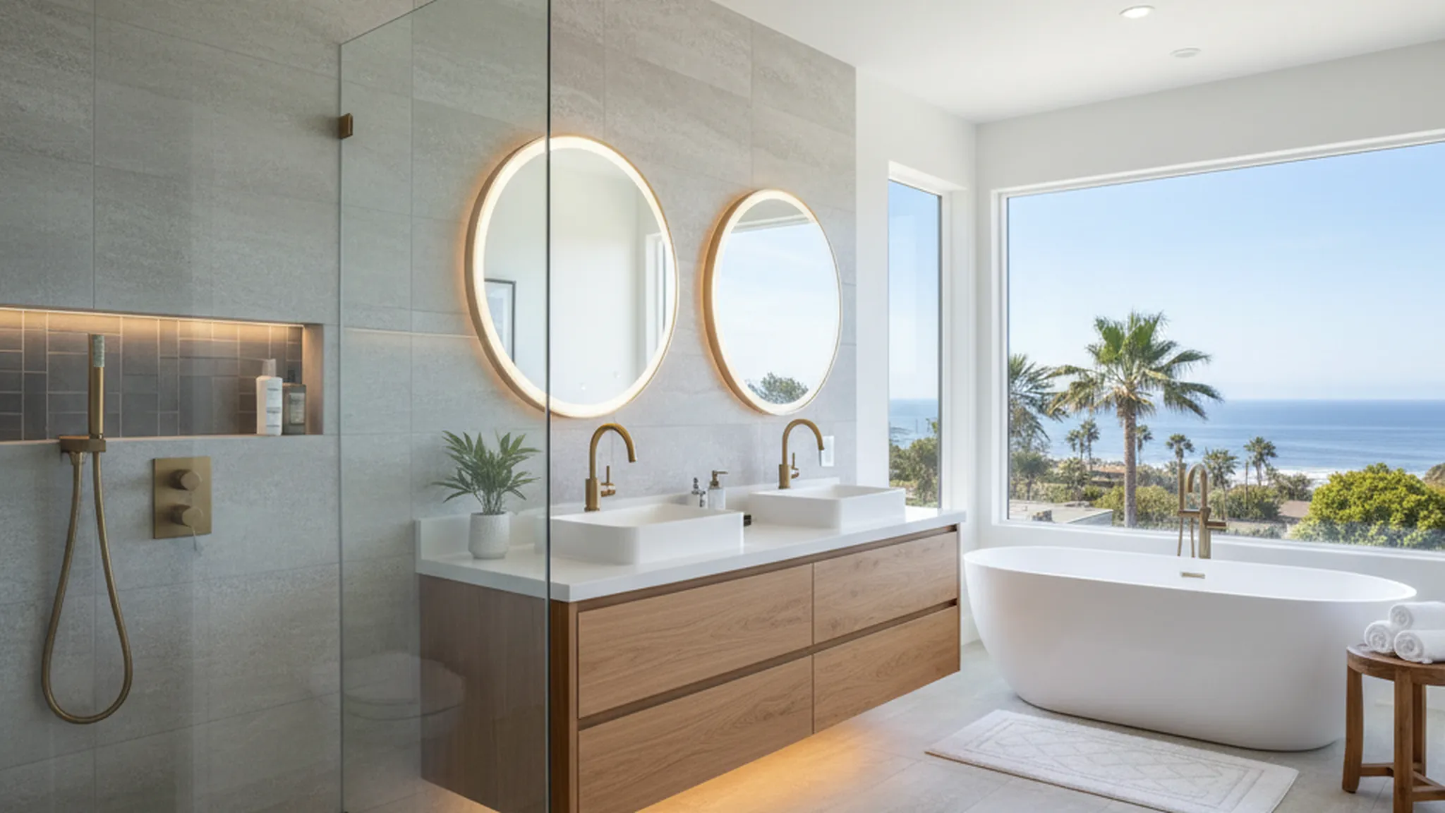 Modern San Diego bathroom remodel with walk-in shower, quartz countertop vanity, and premium tile flooring