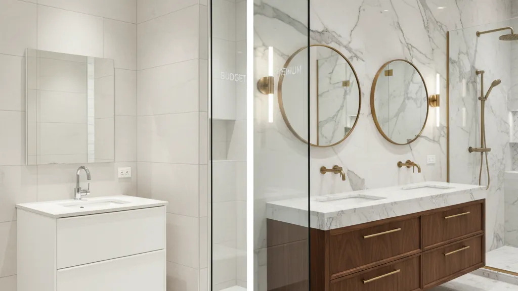 Bathroom remodel material cost breakdown showing tile, countertops, and fixtures in a San Diego home