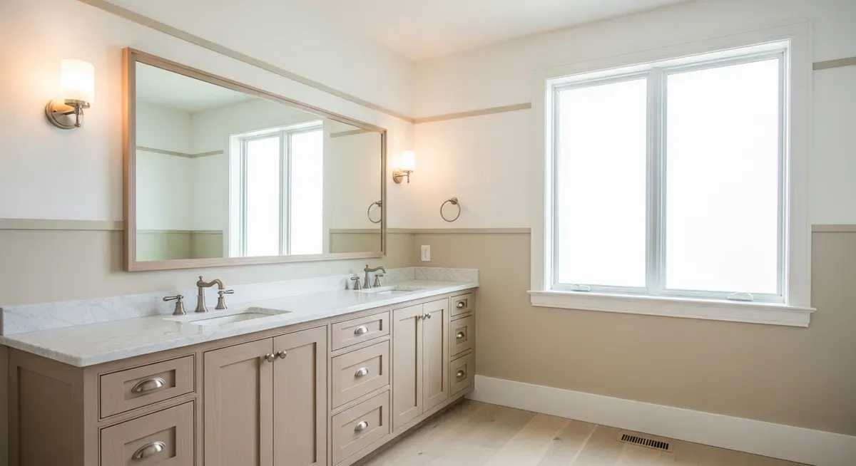 Elegant dual vanity bathroom remodel with marble countertops in Solana Beach coastal design style