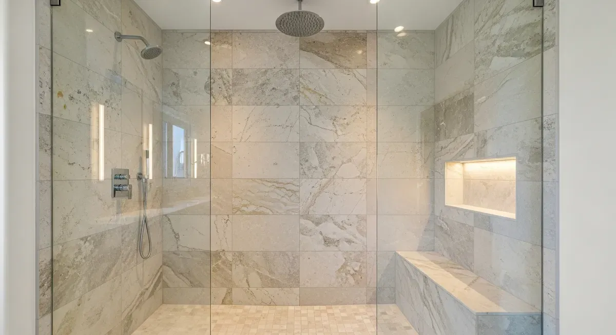Spa-like walk-in shower with natural stone tile rain showerhead and built-in bench in Solana Beach bathroom remodel