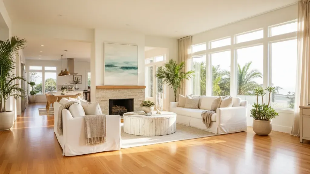 Freshly refinished hardwood floors in a San Diego home with warm natural wood tones