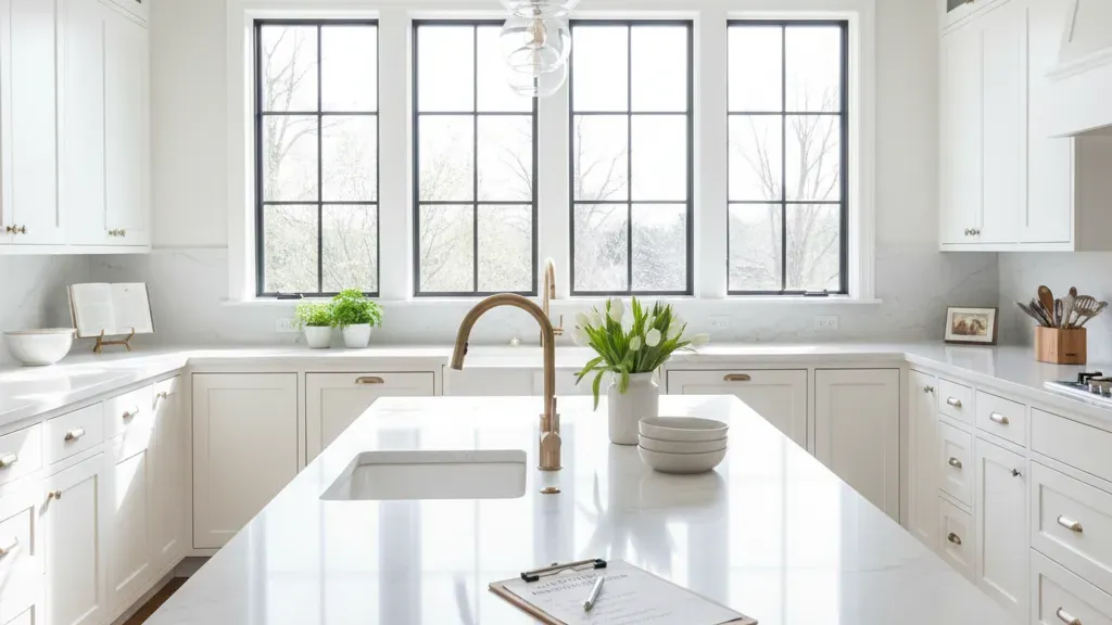 Kitchen remodel checklist on a clipboard in a modern kitchen with white cabinets and quartz countertops