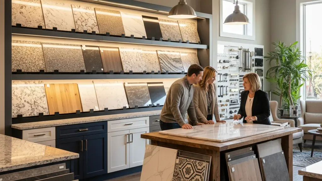 Homeowner reviewing kitchen remodel materials with a design consultant in a showroom