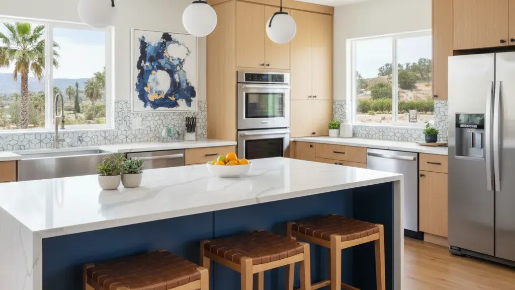Completed kitchen remodel with island, pendant lights, and modern finishes